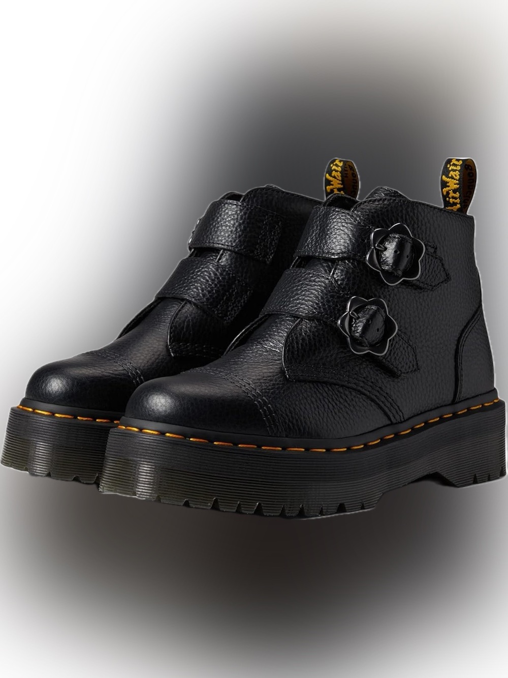 Dr. Martens Devon Flower Buckle Black Leather Platform Ankle Bounce Boots - Picture 2 of 4
